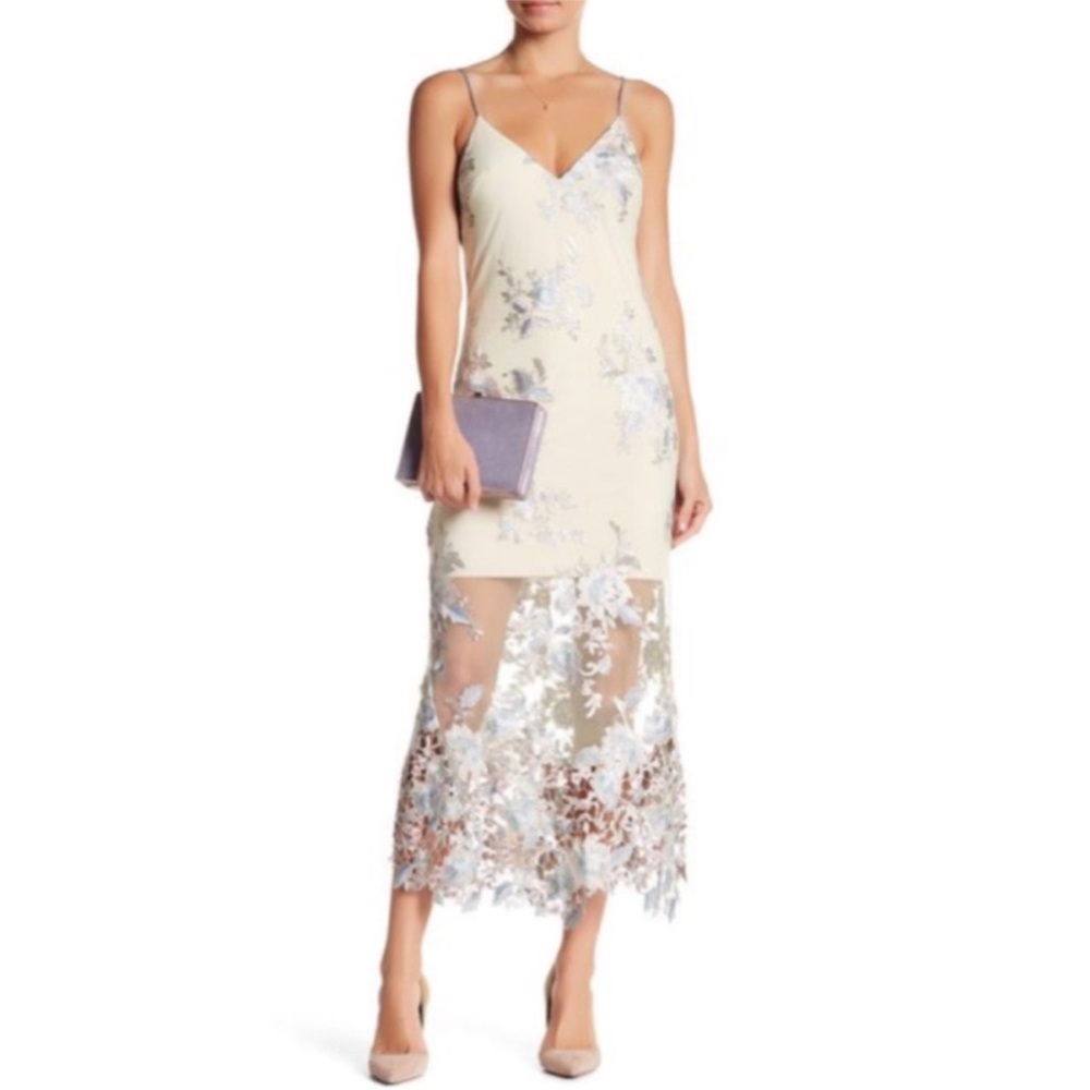 ABS Allen Schwartz Embroidered Lace Slip Sheer Cocktail Maxi Dress Size 4